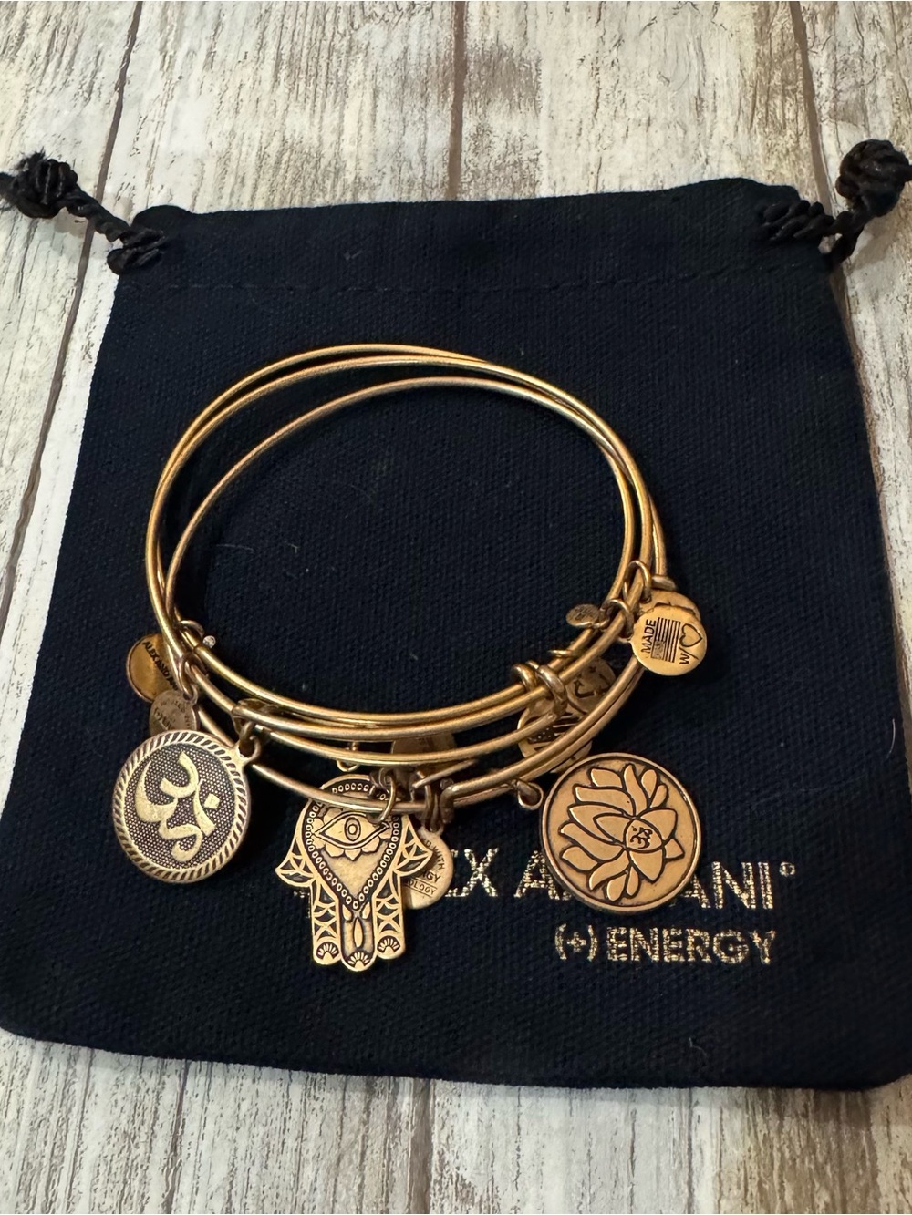 Alex and Ani Gold Charm Bangle Set with Om,Lotus & Hamsa sold as set